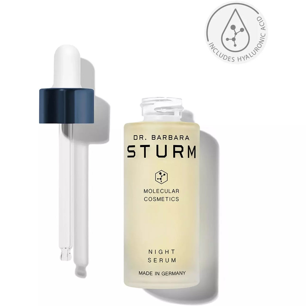 A bottle of dr. barbara sturm night serum with a dropper, highlighting its hyaluronic acid content and "made in germany" label.