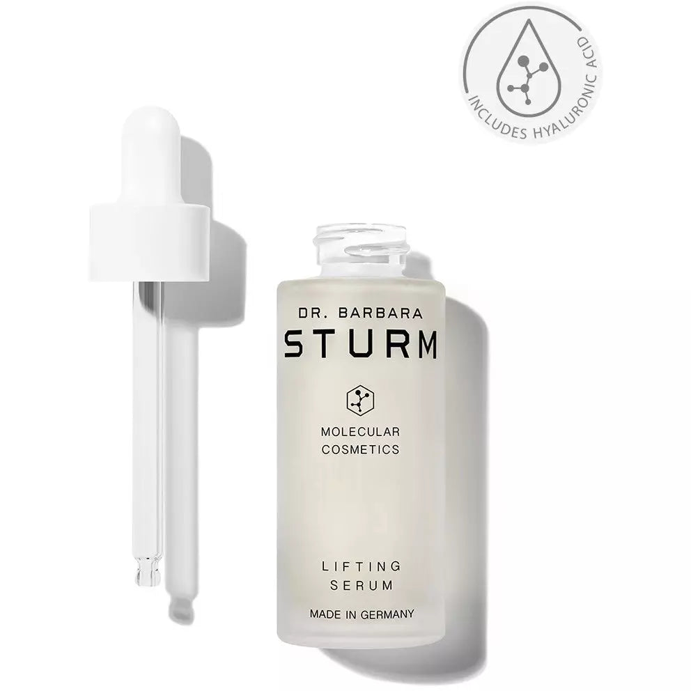 Product image of dr. barbara sturm molecular cosmetics lifting serum with a dropper, indicating the inclusion of hyaluronic acid.