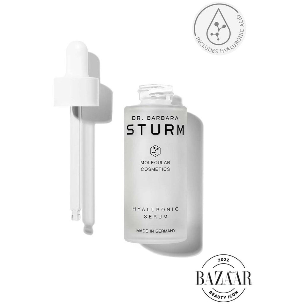 Dr. barbara sturm molecular cosmetics hyaluronic serum with dropper on a white background.