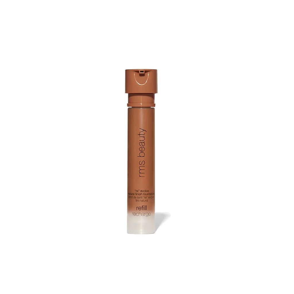 A bottle of "rise beauty" refillable foundation with a dark brown shade displayed on a white background.