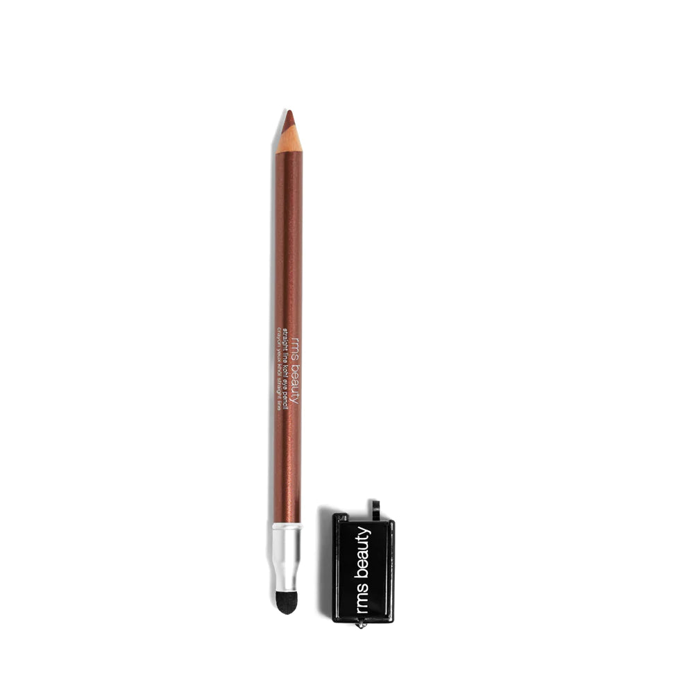 Brown eyebrow pencil with cap and sharpener against a white background.