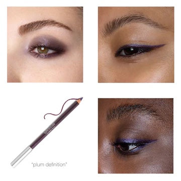 Four images showcasing plum-colored eyeliner: top two depict close-up views of eyes with makeup, bottom left shows the eyeliner pencil, and bottom right highlights the product on a darker skin tone.