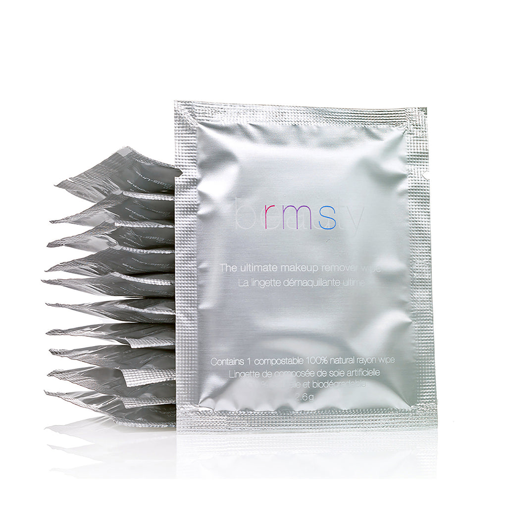 A stack of rms beauty makeup remover wipes packaging on a white background.