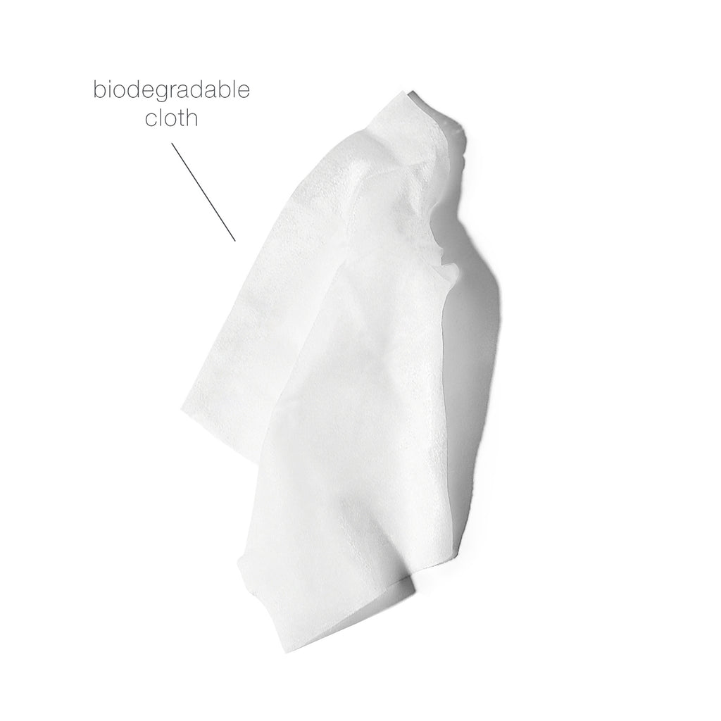 A single biodegradable cloth displayed on a white background with a label pointing to it.