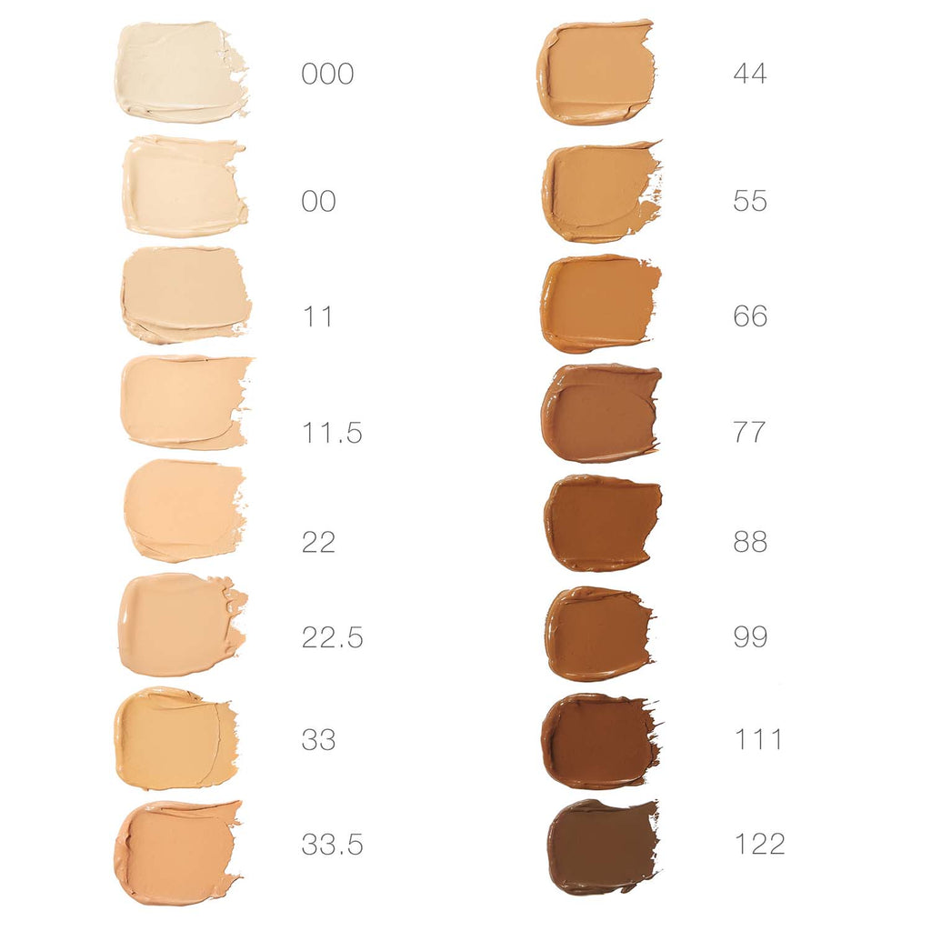 Various shades of foundation makeup swatched in numbered order showing a range from light to dark tones.