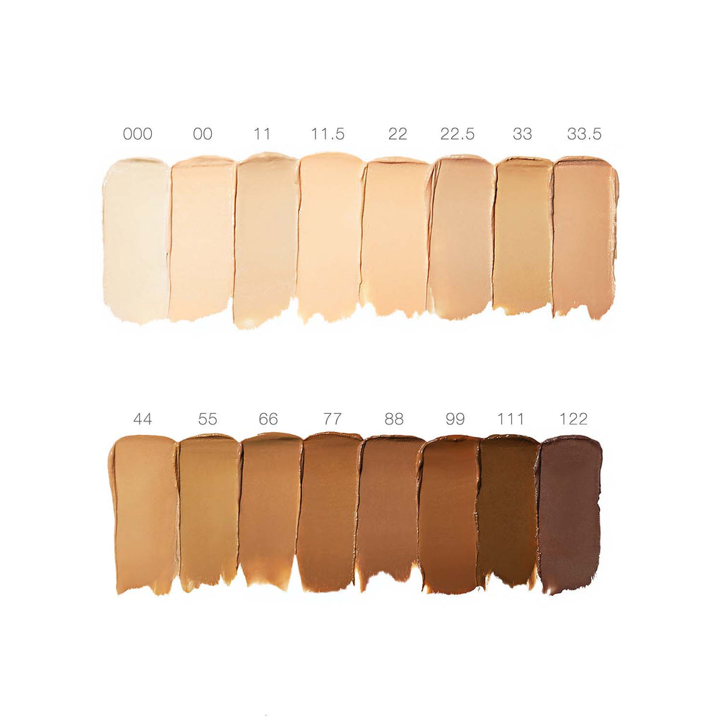 A range of foundation swatches in varying shades from light to dark.