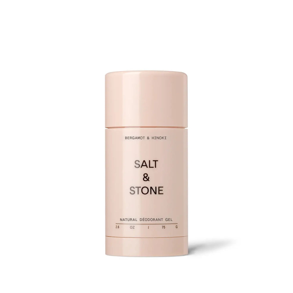 A container of salt & stone natural deodorant gel against a white background.