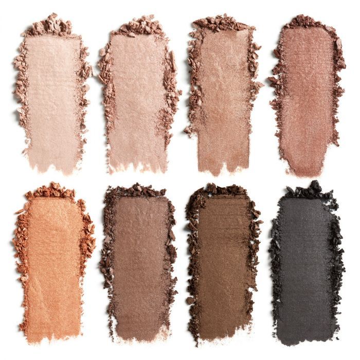 Swatches of eight neutral eyeshadow shades with various undertones displayed in a grid pattern.
