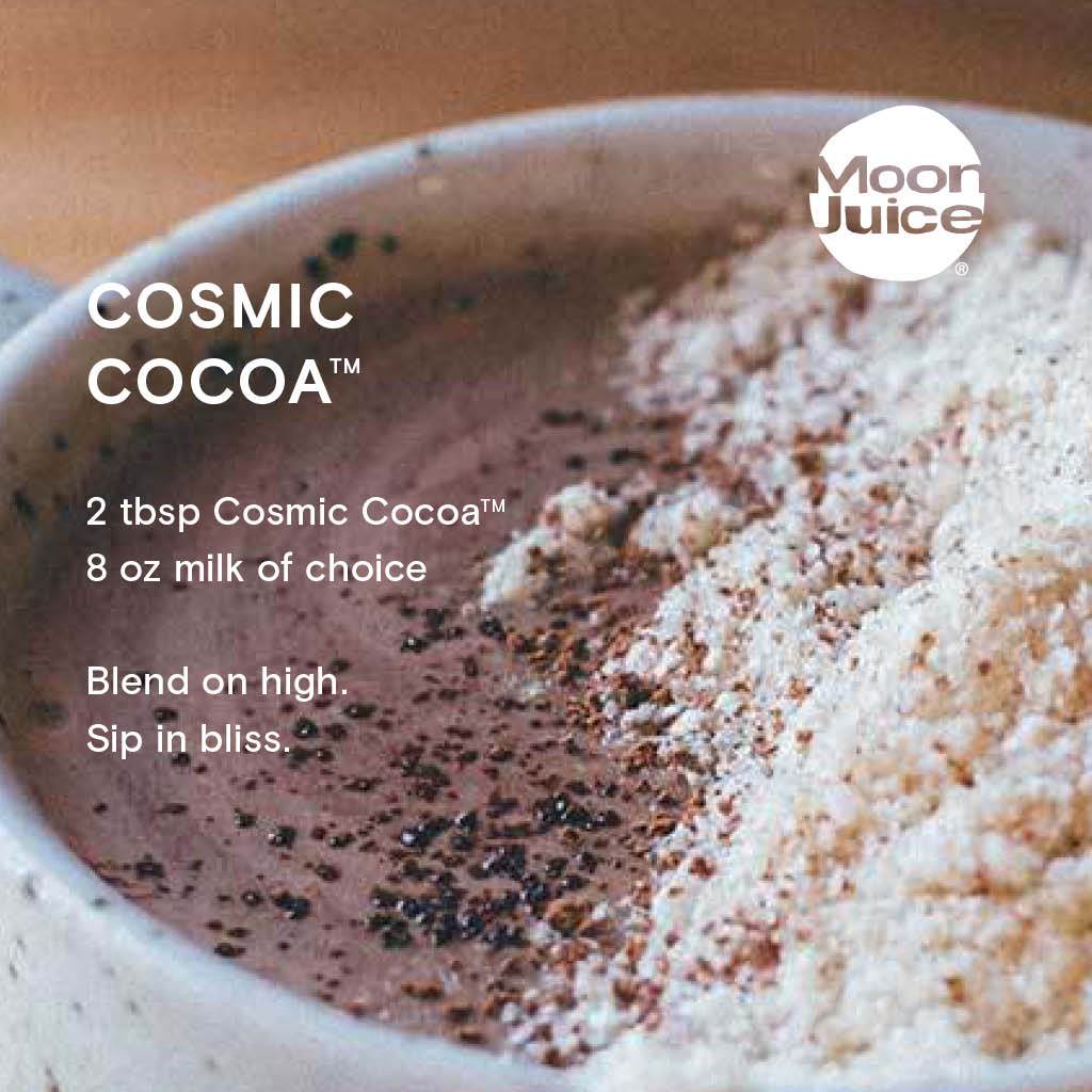 A cup of cocoa with recipe text overlaid by the brand moon juice.