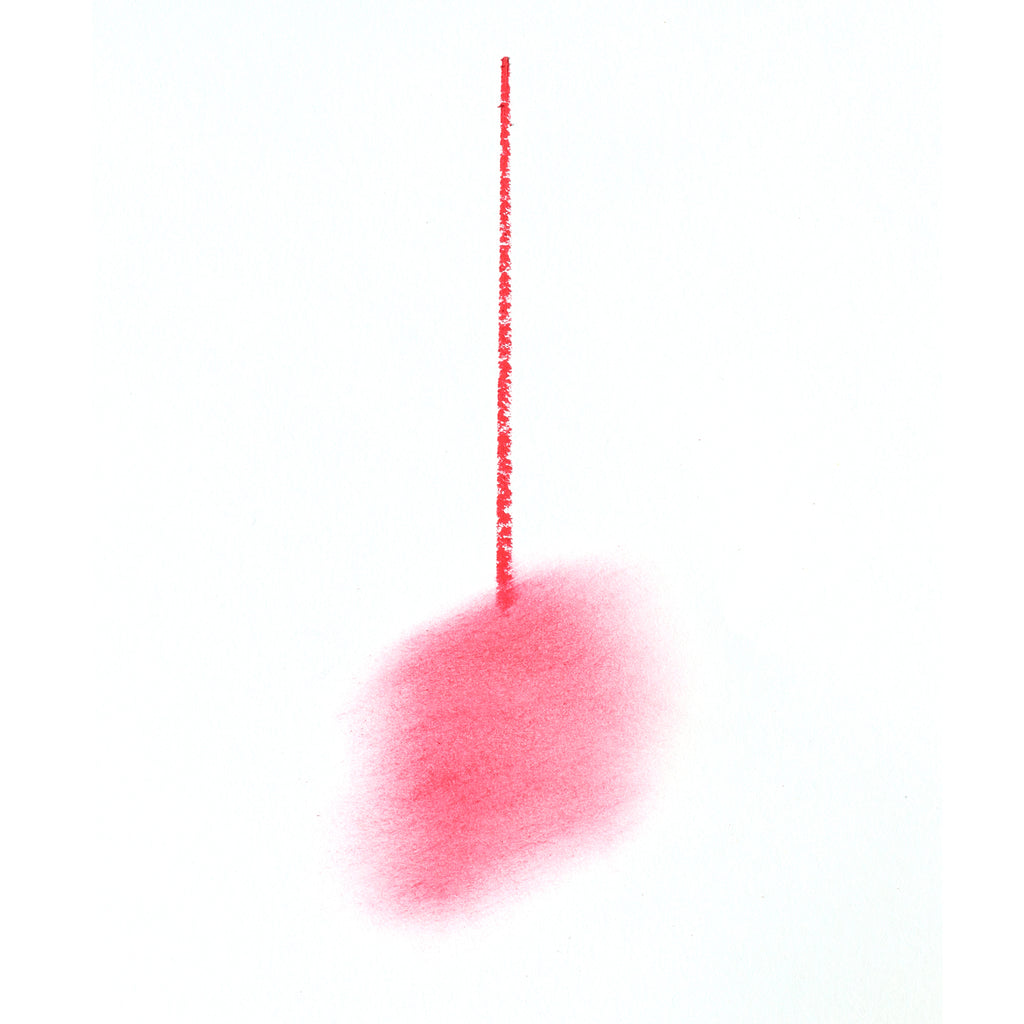 A red spray paint blot with a vertical line on a white background.