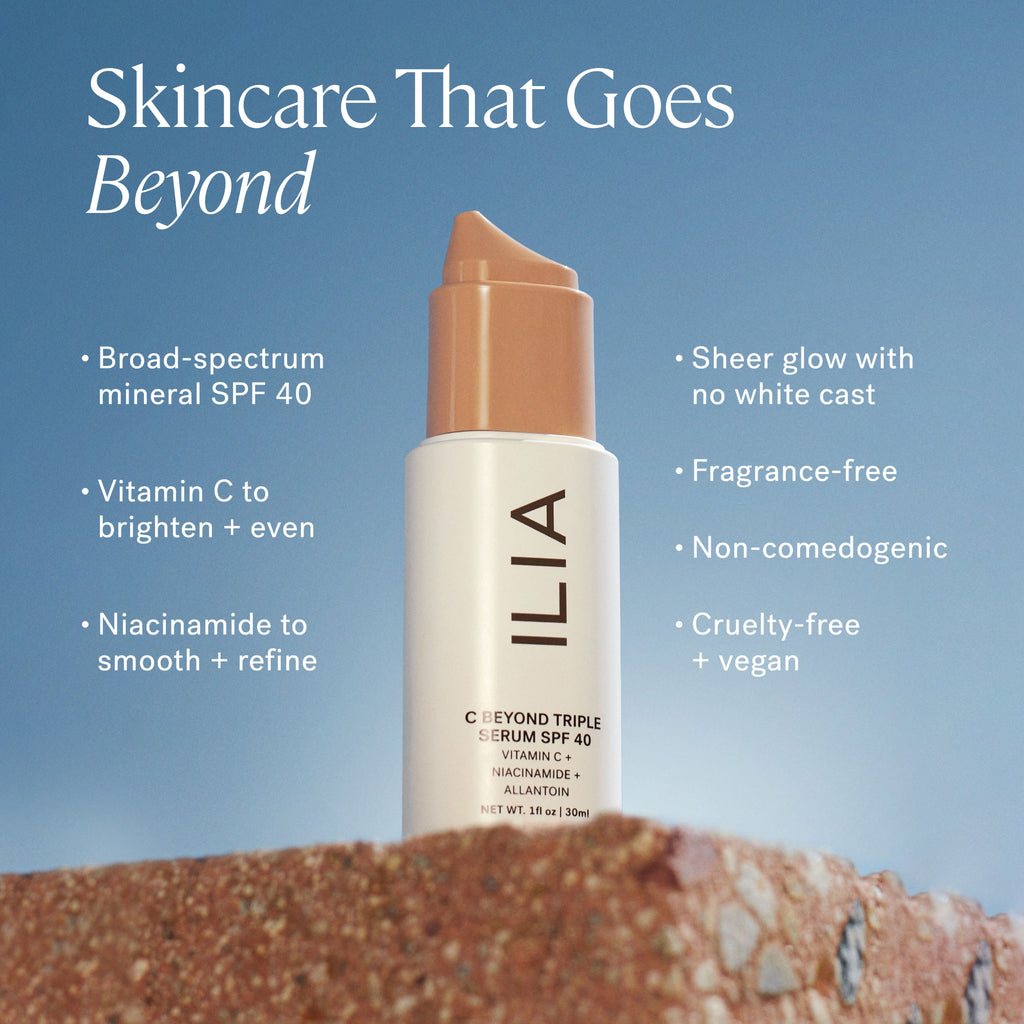 Product showcase for ilia sunscreen serum with key features highlighted, including broad spf protection and skin-friendly ingredients.