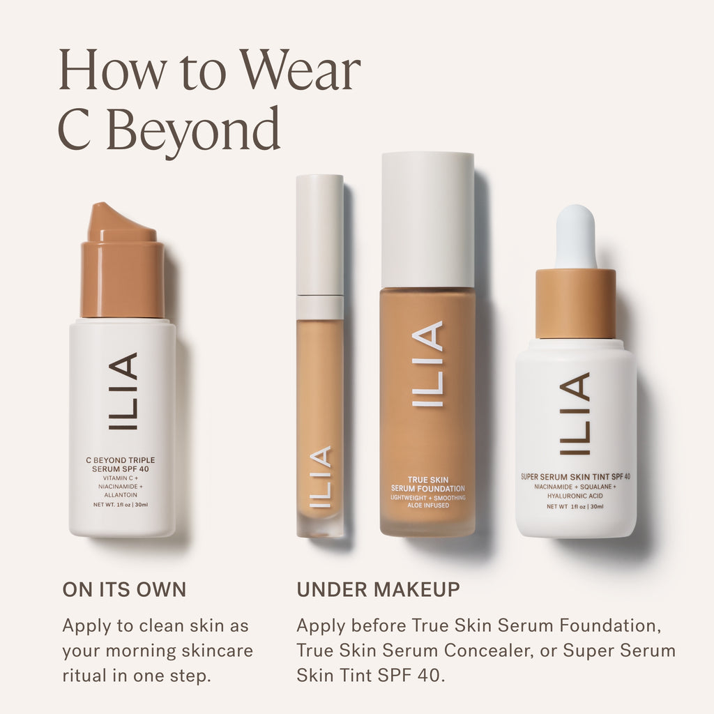 A selection of ilia beauty products with instructions for their application sequence.