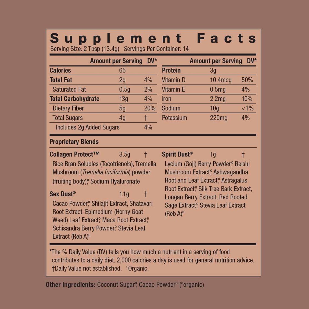 Nutritional label detailing serving size, calories, and daily value percentages of various ingredients and supplements.