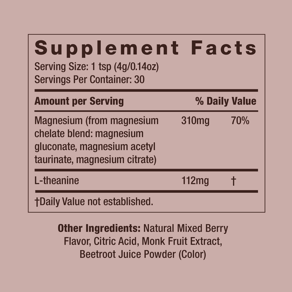 Nutritional label listing supplement facts including serving size and percentages of daily values for magnesium and other ingredients.