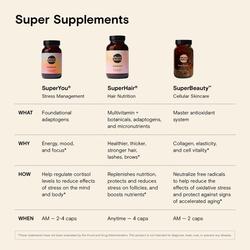 Assortment of dietary supplements labeled for stress management, hair nutrition, and cellular beauty, with details on ingredients, benefits, and dosage.