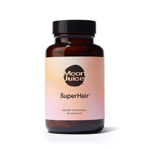 Bottle of "moon juice superhair" dietary supplement with 40 capsules.