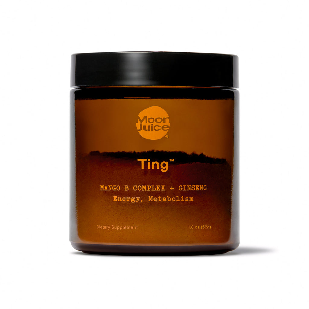 A jar of 'moon juice ting' dietary supplement with mango b complex and ginseng for energy and metabolism, 18 oz.