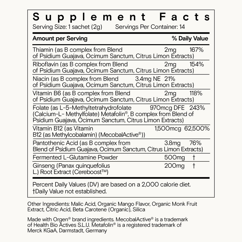 Nutritional label listing ingredients and daily value percentages of a dietary supplement.