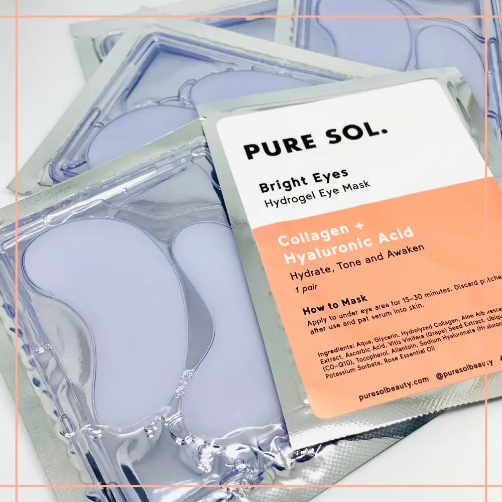 Packages of pure sol. bright eyes hydrogel eye masks with collagen + hyaluronic acid.