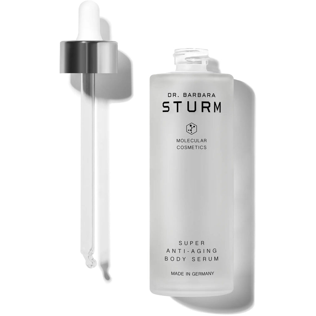 Bottle of dr. barbara sturm super anti-aging body serum with a dropper.