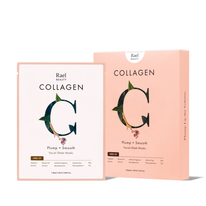 Two collagen facial sheet mask packages with a botanical design, standing against a plain background.