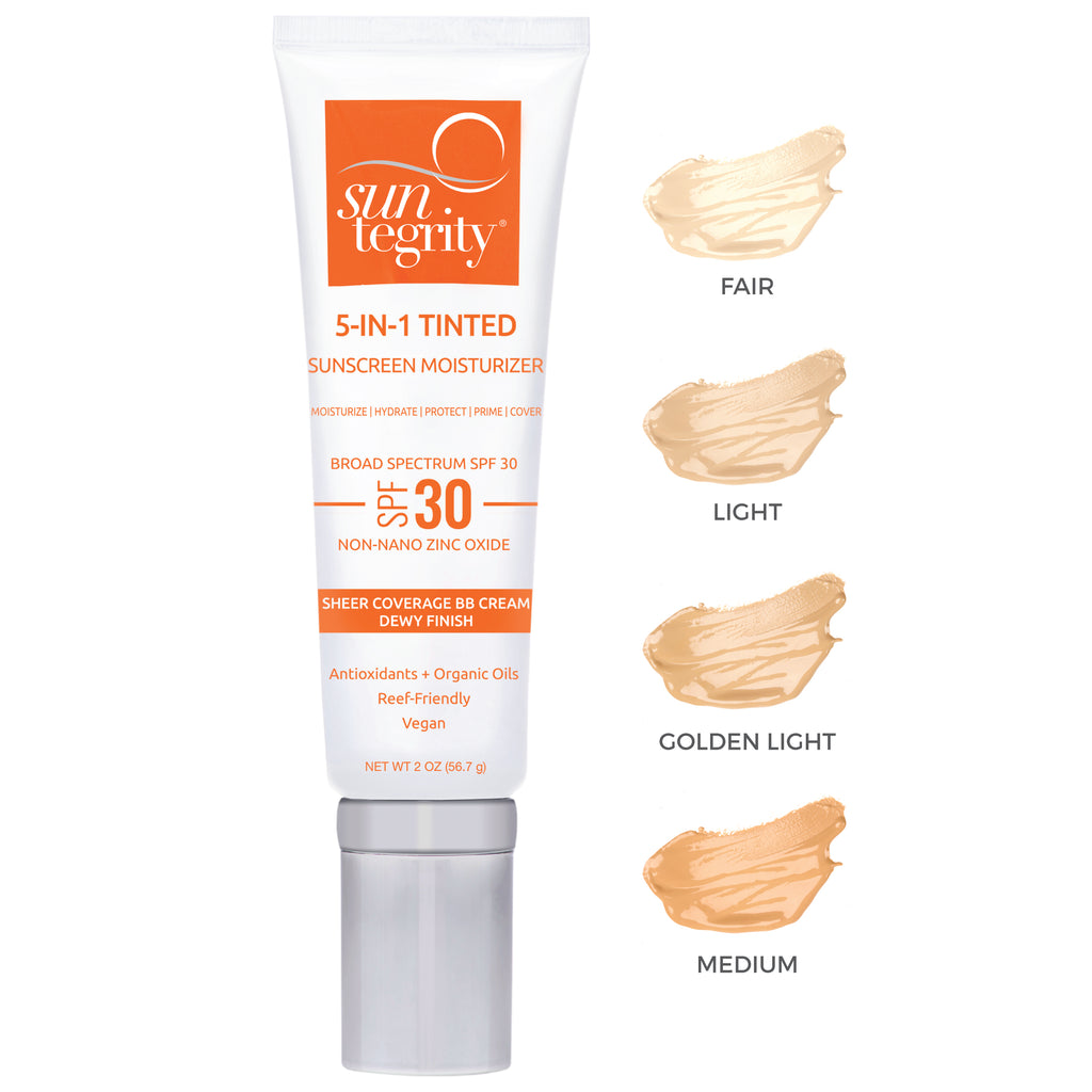 A tube of suntegrity 5-in-1 tinted sunscreen with swatches of four shades ranging from fair to medium.