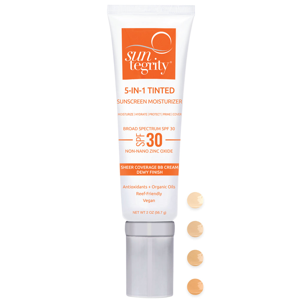 A tube of suntegrity 5-in-1 tinted sunscreen moisturizer with spf 30, alongside color swatches indicating different shades.