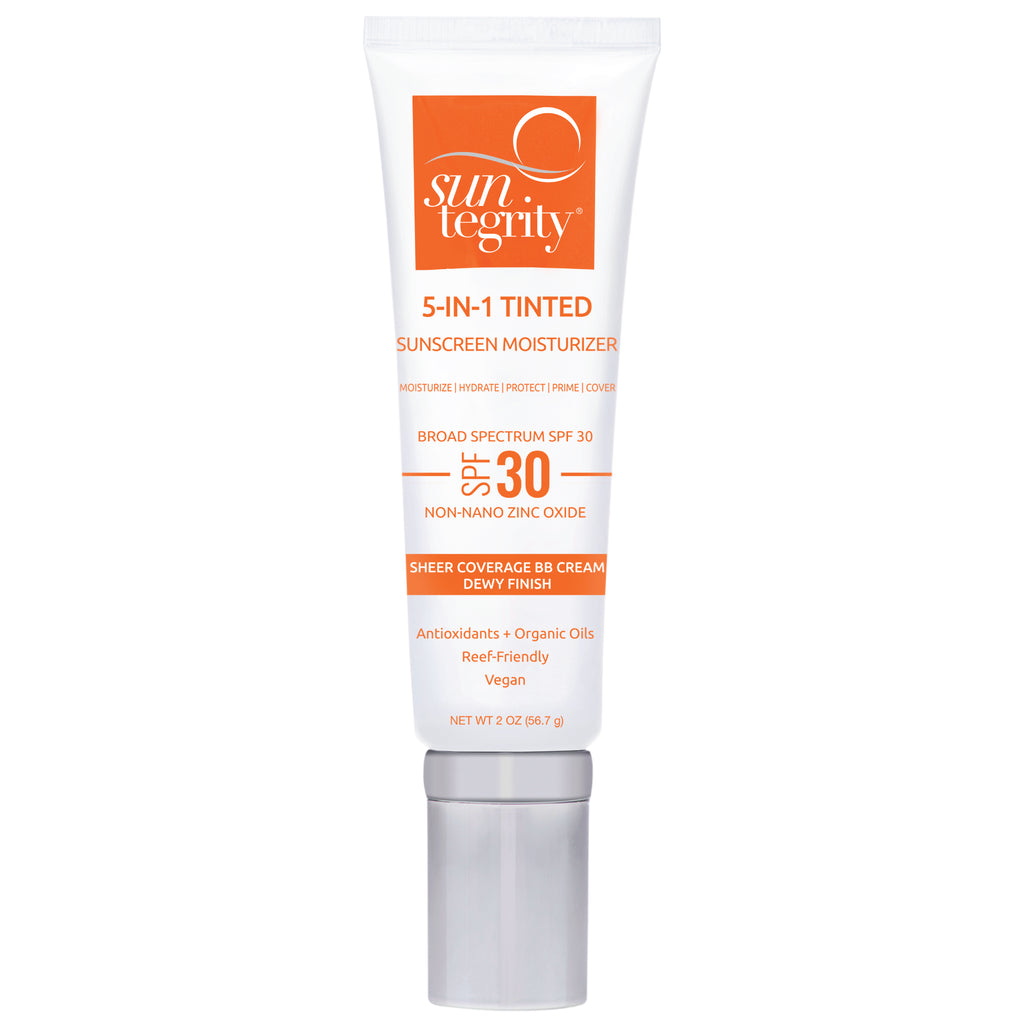 A tube of suntegrity 5-in-1 tinted sunscreen moisturizer with spf 30.