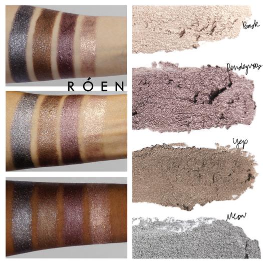 Swatches of metallic and shimmery eyeshadow shades with corresponding loose powder samples alongside brand name rÃ³en.