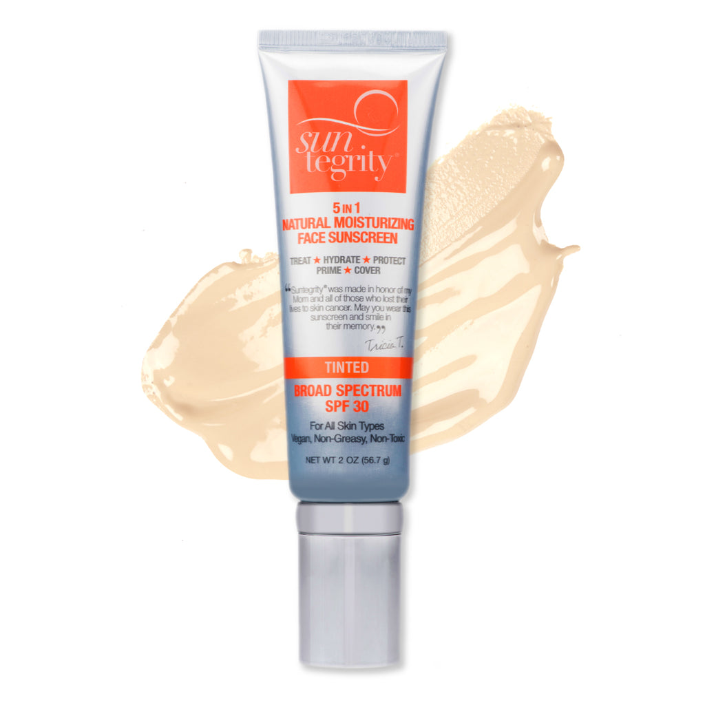 Tinted sunscreen product with a swatch of the cream next to the tube.