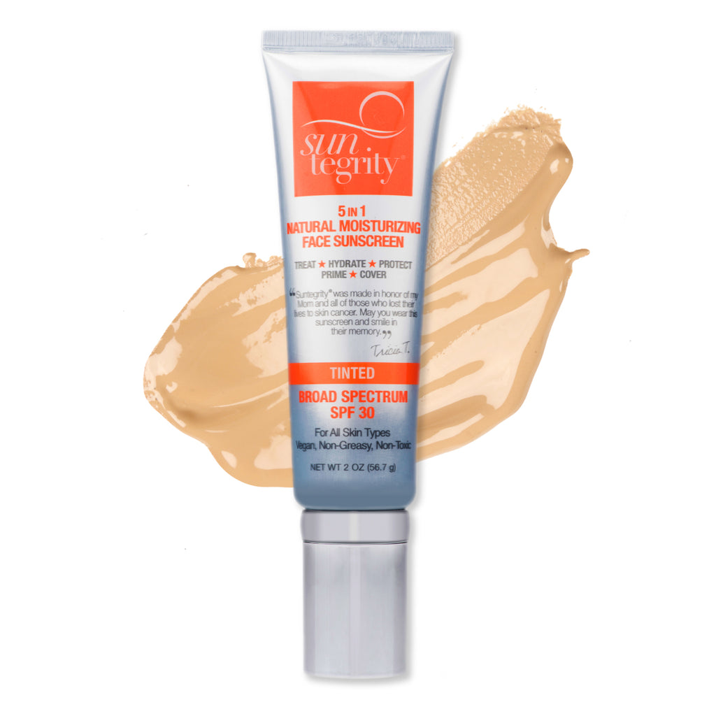 A tube of tinted moisturizing sunscreen with a swatch of the product next to it.