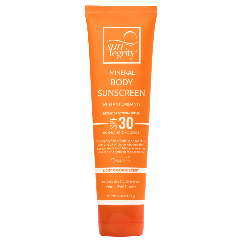Tube of mineral body sunscreen with spf 30, light and vegan-friendly formula.