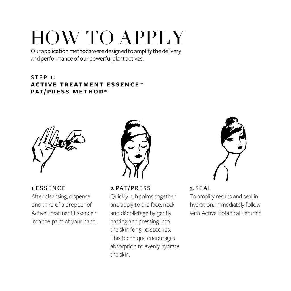 Application instructions for a skincare treatment highlighting three steps: cleansing, patting, and sealing in moisture.