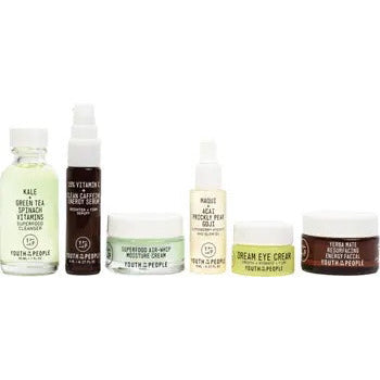 A collection of five skincare products arranged side by side.