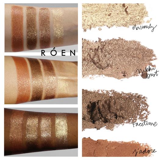 Swatches of shimmering eyeshadow shades with text annotations indicating color names.
