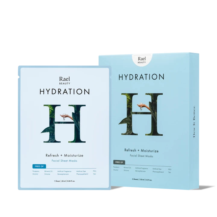 Two rael beauty hydration facial sheet masks packaging with a fresh and moisturize theme.