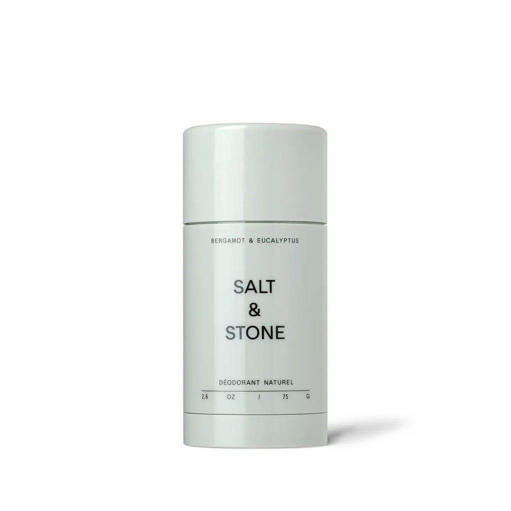 A stick of "salt & stone" bergamot & eucalyptus natural deodorant against a white background.