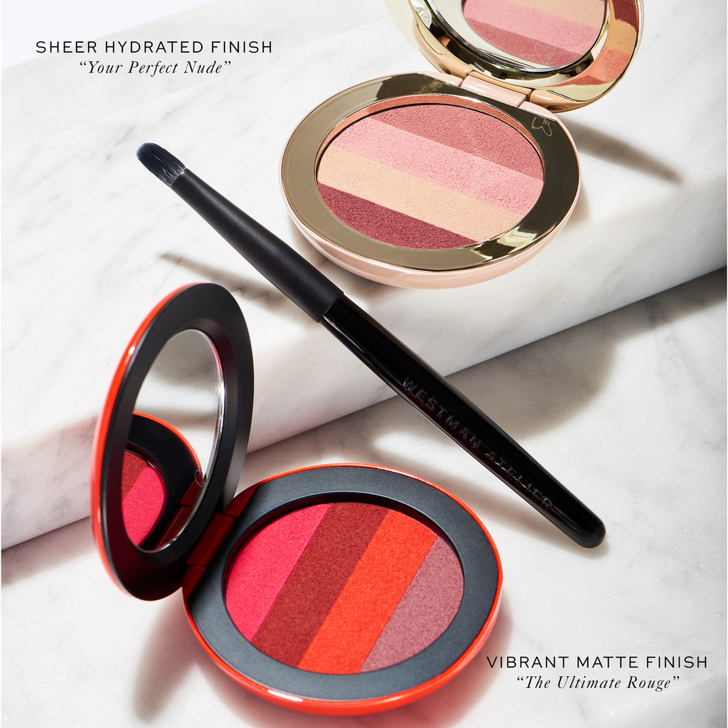 Elegant makeup items featuring a sheer hydrated finish blush, a vibrant matte finish blush and a sleek black eyeliner pencil.