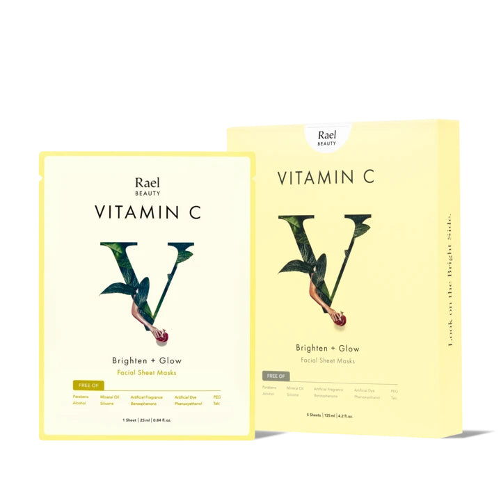 Two packages of rael beauty vitamin c face masks for brightening and glowing skin.