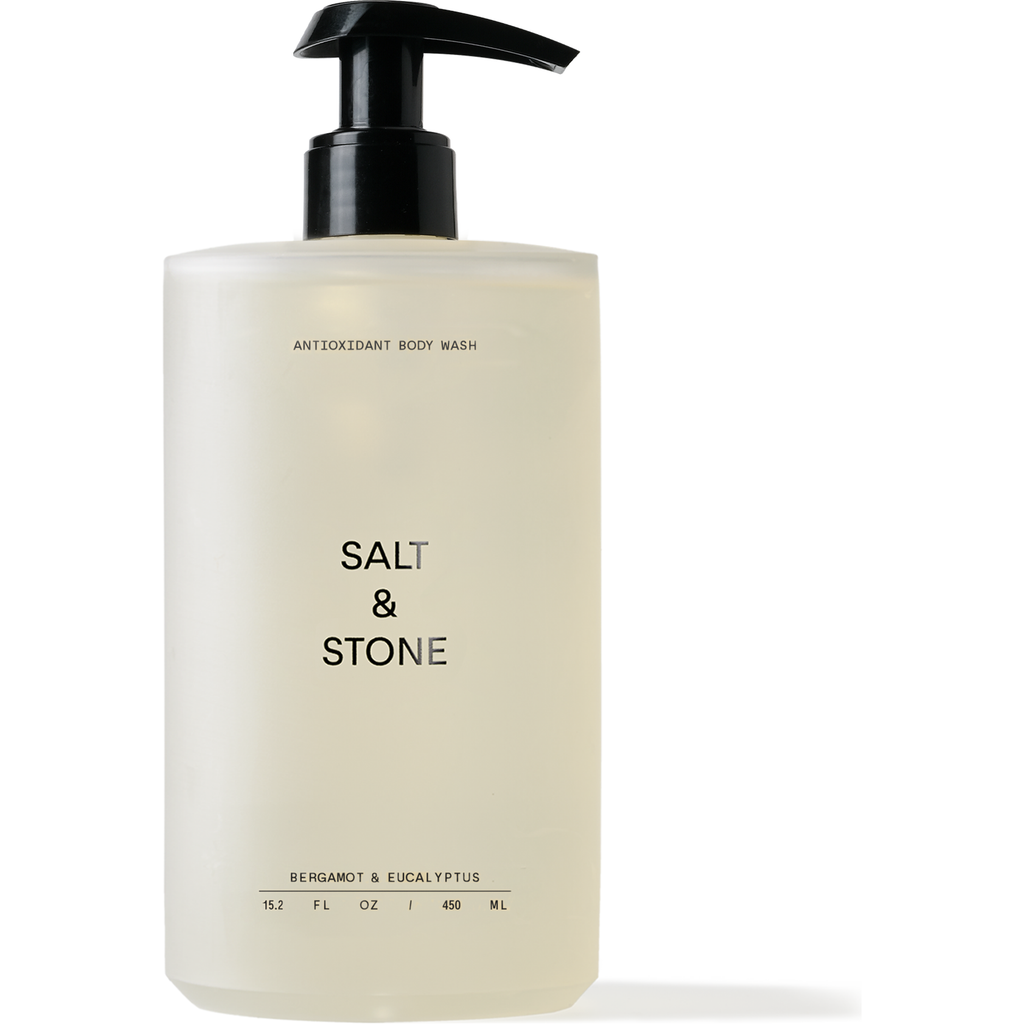 A pump bottle of salt & stone antioxidant body wash with bergamot and eucalyptus.
