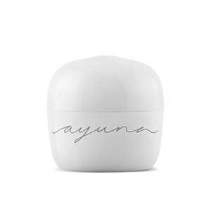 A white cosmetic jar with the brand "ayuna" printed on it against a white background.