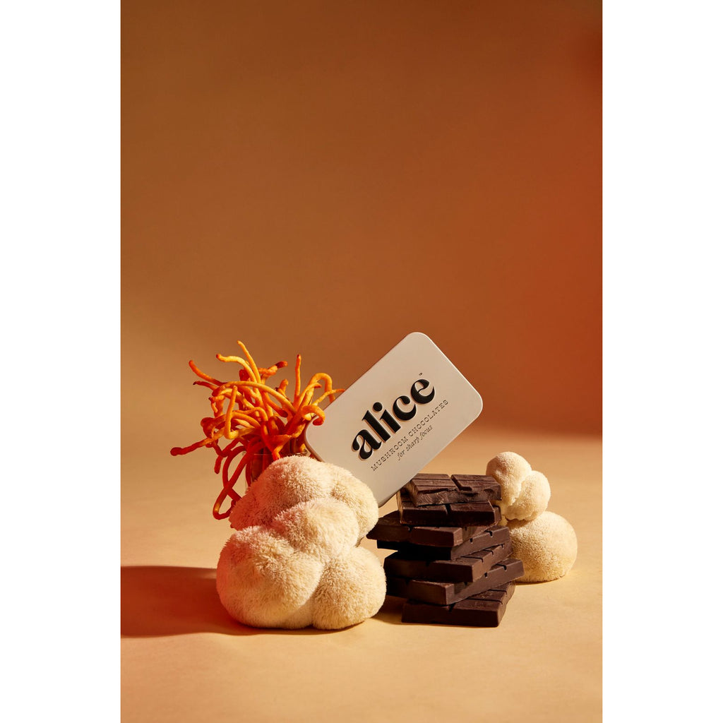 A business card with the name "alice" displayed next to a pile of chocolate pieces and decorative plants on a beige background.