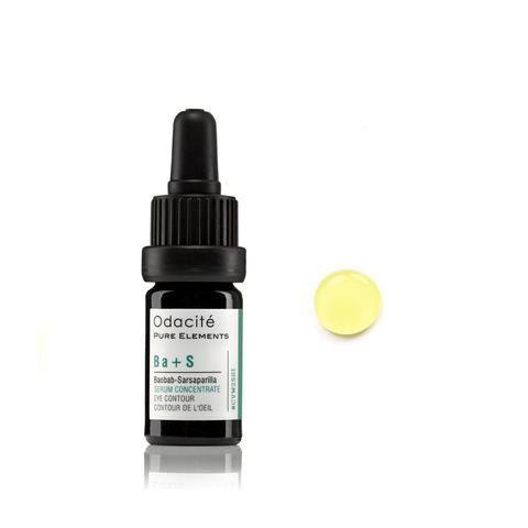 Bottle of odacite ba+s eye contour serum concentrate with a dropper and a yellow product sample.