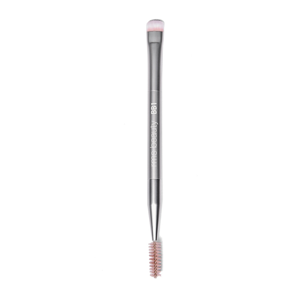 Dual-ended makeup brush with an angled tip and spoolie.