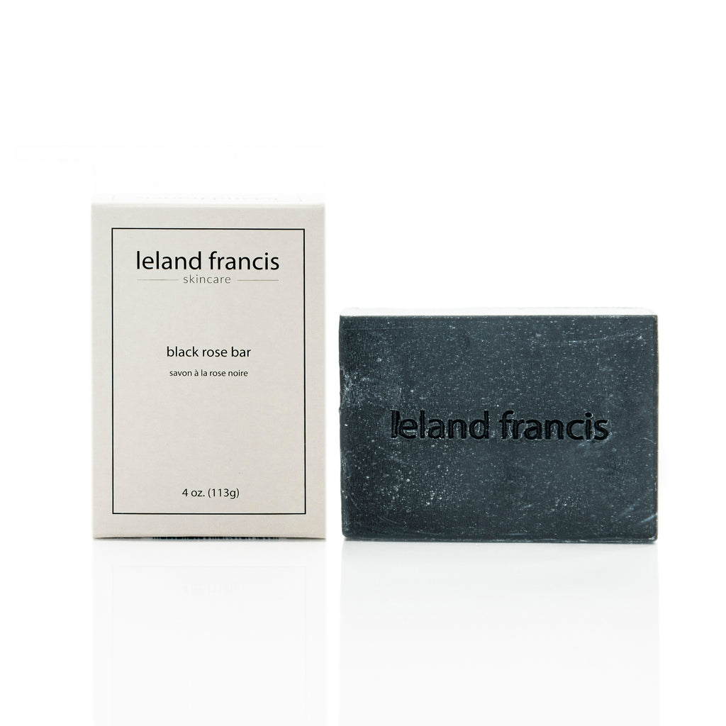 Leland francis skincare black rose bar soap with packaging.