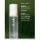 Cosmetic product by ilia with a focus on hydration effectiveness, backed by statistical claims on a green background.