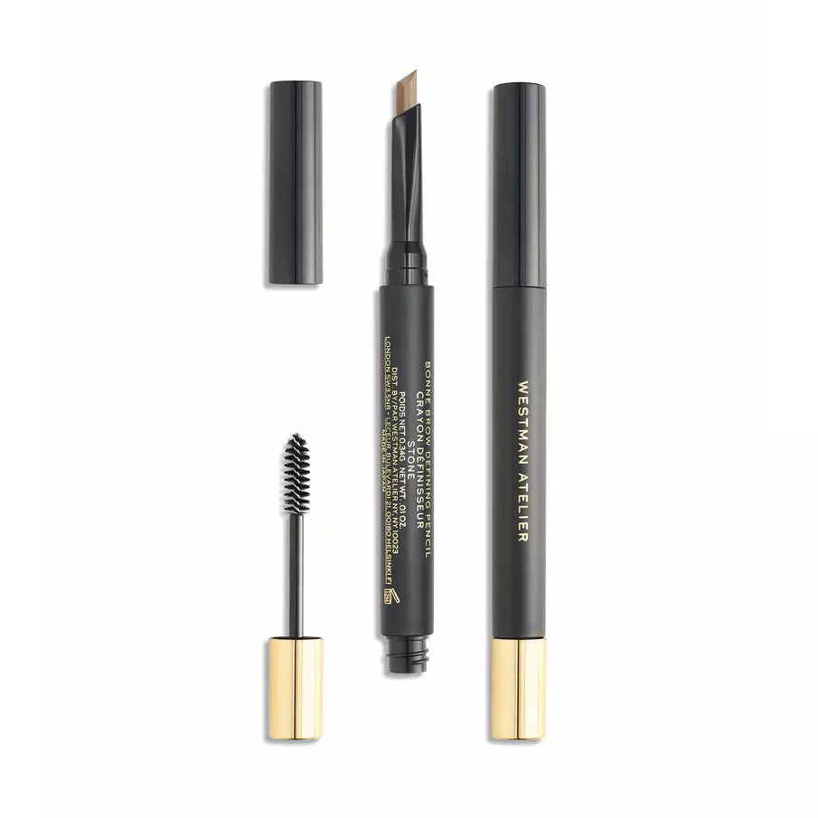 Three cosmetic products including mascara, eyeliner, and a brow pencil against a white background.