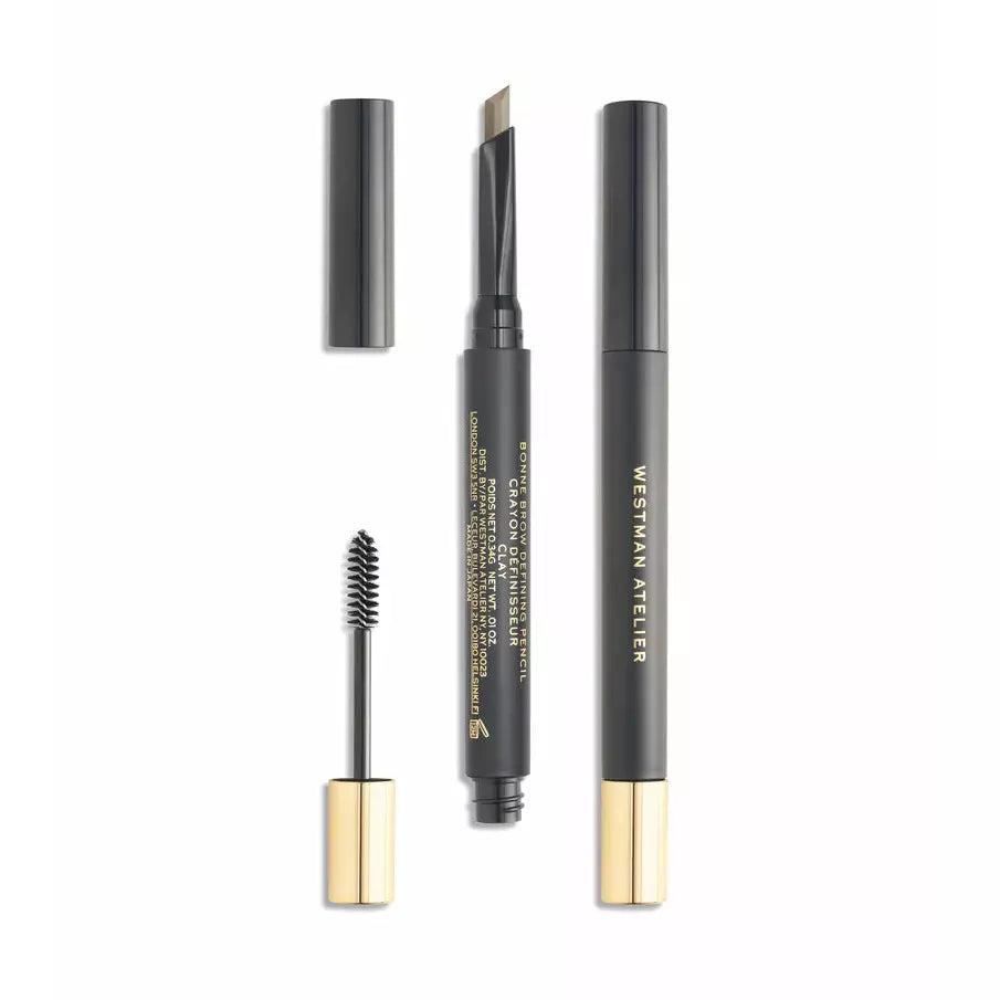 Cosmetic set featuring mascara, eyebrow pencil, and eyeliner on a white background.