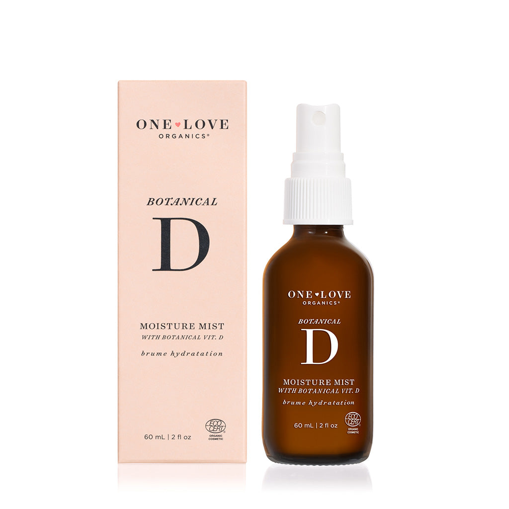Bottle of "one love organics - botanical d moisture mist" with its packaging.