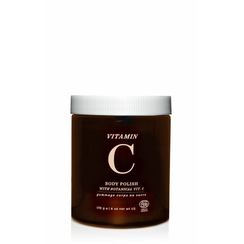 Jar of vitamin c body polish with botanical extract on a white background.